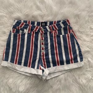 Red, white and blue striped BDG mom jean shorts